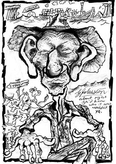 Caricature of Gordon Johnston, by Mick Joffe