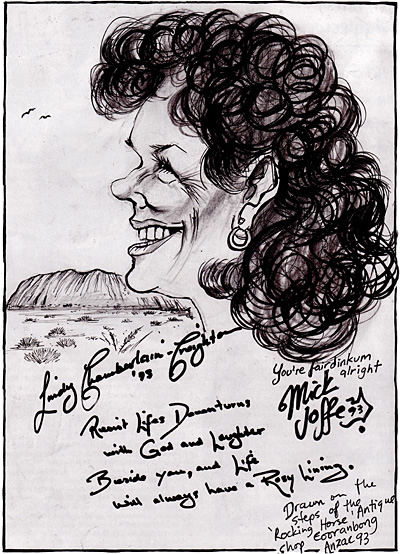 Caricature of Lindy Chamberlain, by Mick Joffe